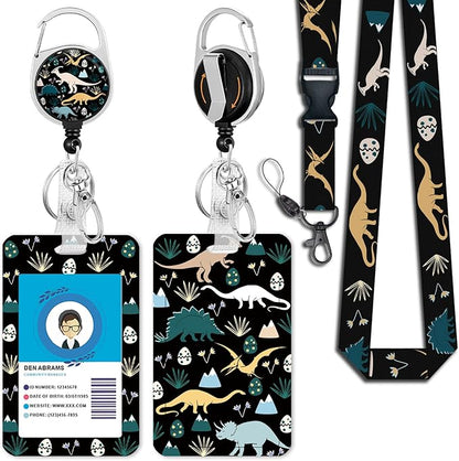Cute Dinosaur Lanyards for Id Badges, Retractable ID Badge Holder with Detachable Lanyard, Fashionable Badge Reel Heavy Duty with 360 Degrees Rotate Carabiner Clip, Nurse Teacher Office Gifts