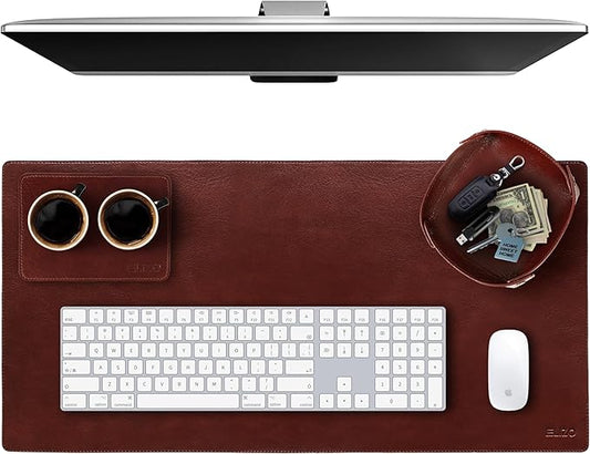 Elizo Leather Desk Mat Desk Pad Blotter Set - Real Full-Grain Leather (32x16) 2-Layer Genuine Desk Cover Protector & Large Mouse Pad | Computer Keyboard Desk Accessories for Office & Home Chestnut