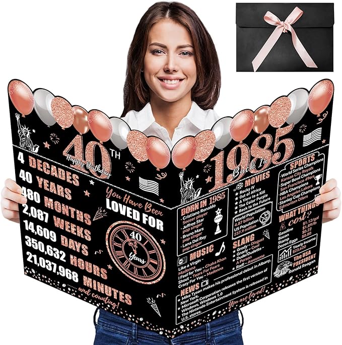 Zirtorei Large 40th Birthday Card With Envelope for Women, Back in 1985 Big 40th Birthday Greeting Card Gifts, Rose Gold Happy 40 Birthday Giant Guest Book, Jumbo Forty Bday Decorations Party Supplies