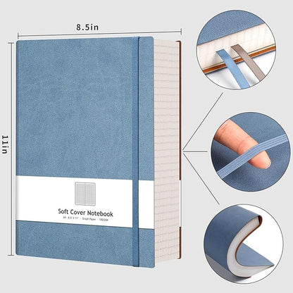 AHGXG Graph Paper Notebook - Grid Paper Notebook Large A4 8.5''×11'', 320 Pages Thick Journal, 100gsm Thick Graph Paper, Leather Softcover, Inner Pocket - GrayBlue