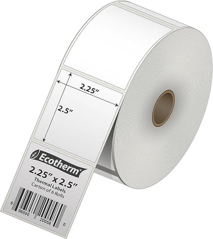 2.25" x 2.5" Thermal Labels | 6 Rolls | 6000 Labels | fits Zebra, Munbyn, Rollo, Godex, Arkscan, iDPRT, Offnova Thermal Label Printers and More | Blank White Adhesive Stickers by Ecotherm