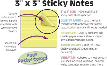 Lined Sticky Notes 3 x 3, 10 Pack, 1,000 Sheets (100/Pad), Self Stick Notes with Lines, Assorted Pastel Colors, by Better Office Products, Post Memos, Strong Adhesive, 10 Pads