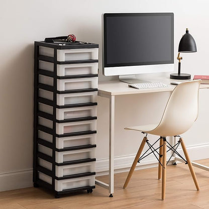 IRIS USA Plastic Drawer Storage Organizer Rolling Cart, with Wheels Casters, 10-Drawers, for Classroom Art Craft Supplies Dresser Closet Bathroom Bedroom, Top Organizer for Small Parts, Black/Pearl