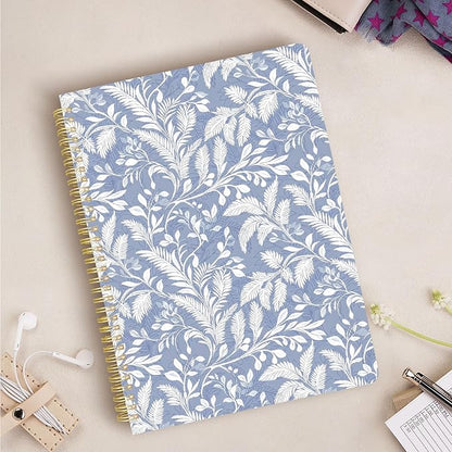 Cute Spiral Notebook journal A4 Aesthetic Pretty Design for Women Girls Kawaii with Pocket, 8.5 x 11 inch, Lined, Blue Leaves