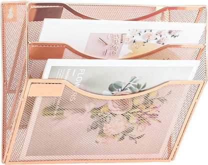 EASEPRES 3 Pocket Mesh Hanging Wall File Organizer, Wall Mounted Mail Paper Document Folder Holder, Clipboard Storage Organization Magazine Rack with Nametag Label for Office Home School, Rose Gold
