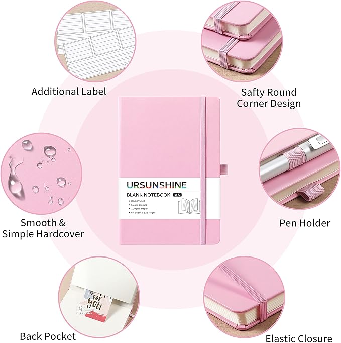 Blank Journal/Notebook - Classic Notebook/Journal with Ribbon Divider, Hardcover with Thick Paper, 5.3'' x 8.26'', Banded + Pen Holder +Inner Pocket - Pink