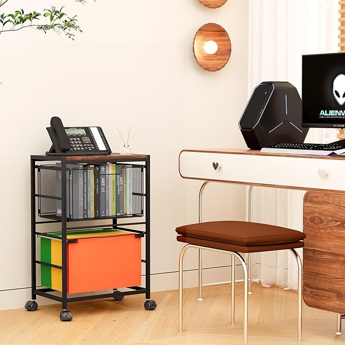 EasyPAG Rolling File Cart with Wheels Letter and Legal Size Hanging File Folder Rack Mobile File Folder Rack with Pull-Out Drawer for Home Office 1 Folder Rack and 1 Drawer, Black