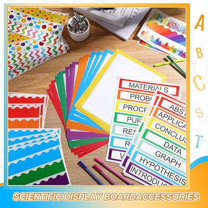 90 Pcs Science Fair Board Supplies 60 Trim Scalloped Bulletin Board Borders 24 Presentation Board Subtitles 6 Science Fair Titles for Classroom Display Boards (Rainbow)