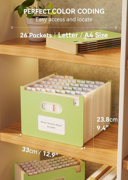 Accordion File Organizer, 26 Pockets Wheat Straw Expanding File Folders, Upright&Open Top, A-Z Bill Receipt Organizer, 100% BPA Free, Return to Nature, Healthy Living, Letter/A4 Size-Mint Green