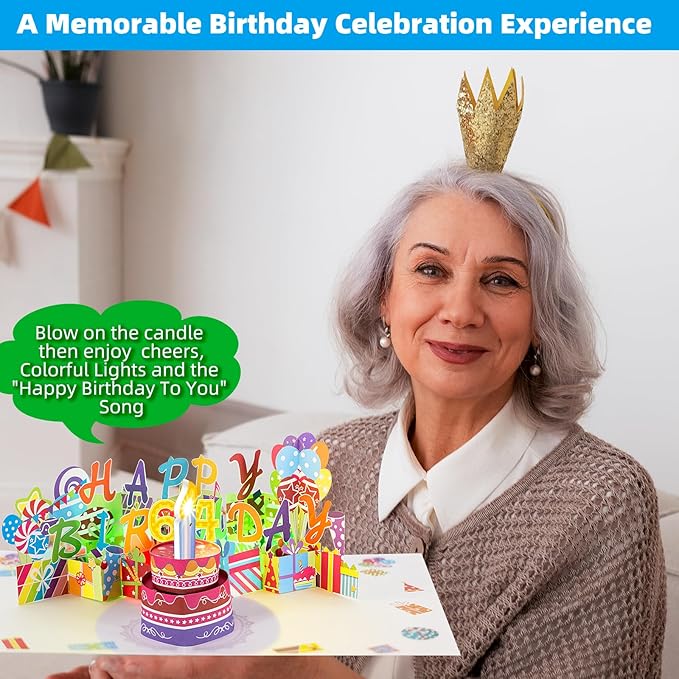 Gumry 64TH Musical Birthday PopUp Card, Blowable Colorful Light Candle 3D Cards with Song, Applause Cheers Sound, Greeting Cards Birthday Gifts Decorations for Women Men Turning 64 Years Old