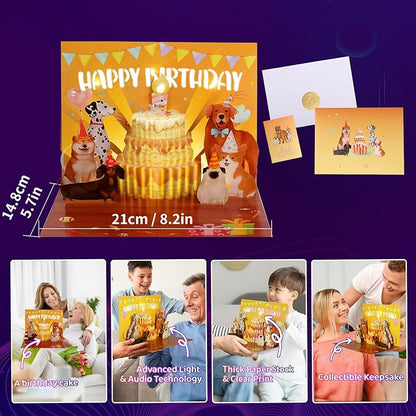 Musical Birthday Cards, Funny Dog Blowable Candle Pop Up Greeting Cards With Colourful Lights, Birthday Gifts for Kids Men Women Mom Dog Lover and Dad