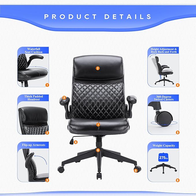 COLAMY Office Chair High Back Executive Computer Desk Chair, Ergonomic Home Office Chair with Padded Flip-up Arms, Adjustable Height and Tilt, Swivel Task Chair with Thick Leather, Diamond Black