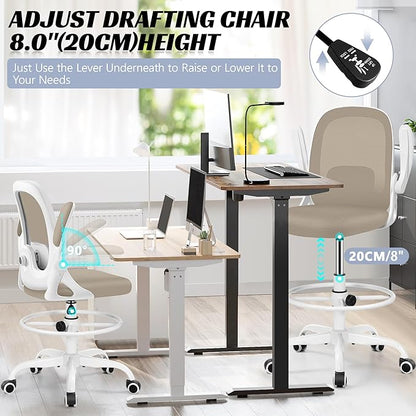 Drafting Chair, Tall Office Chair Ergonomic Standing Desk Chair,with Adjustable Footrest Ring, 3D Lumbar Support, Flip-up Armrests, Swivel Desk Stool for Drawing Working (Khaki)