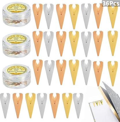 Diymood 3 Boxes Metal Bookmarkers Book Darts Tin Stainless Line Markers Book Darts Line Book Markers for Students Best Gift for All Types of Readers, 12 Per Box (Silver, Gold, Rose Gold)