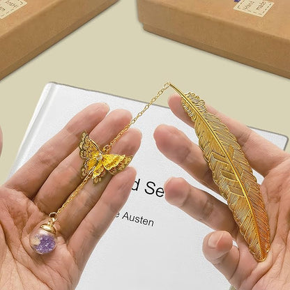 Metal Feather Bookmarks Set - Perfect Teacher & Book Lover Gifts for Birthday, Christmas, and Appreciation - Elegant Stocking Stuffers for Women and Girls (Golden.Purple White Flower)