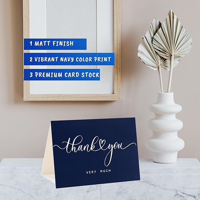 100 Bulk Navy Thank You Cards with Kraft Envelopes and stickers - 4 Minimalistic Designs Blank Thank You Notes with Envelopes Matt for business Wedding Bridal Gift Baby Shower Business Graduation