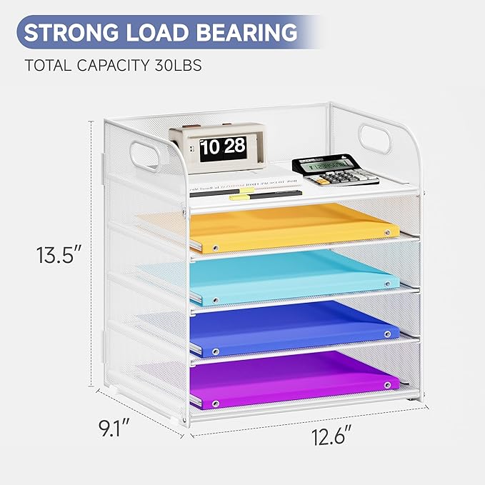 5 Tier Paper Organizer with Handle, Metal Mesh Desk Organizer File Folder Organizer Paper Letter Tray Desktop Document Sorter for Classroom, School, Office Organization and Storage - White