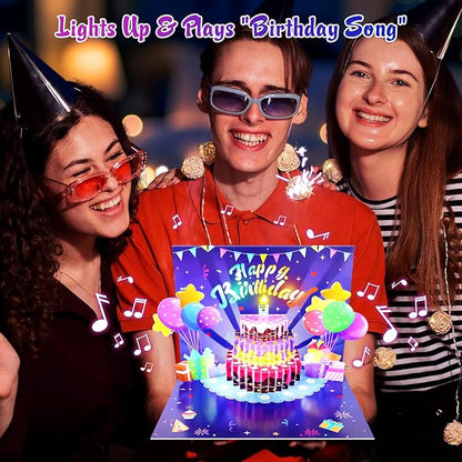 Birthday Cards, Musical Pop Up Birthday Cards with Light, Blow Out LED Light Candle and Play Happy Birthday Music Pop Up Card, Birthday Gifts for Women Men Husband Wife Kids Greeting Cards