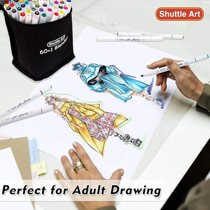 Shuttle Art 61 Colors Dual Tip Art Markers, 60 Colors plus 1 Blender Alcohol Based Permanent Marker Pens Highlighters with Case Perfect for Illustration Adult Coloring Sketching and Card Making