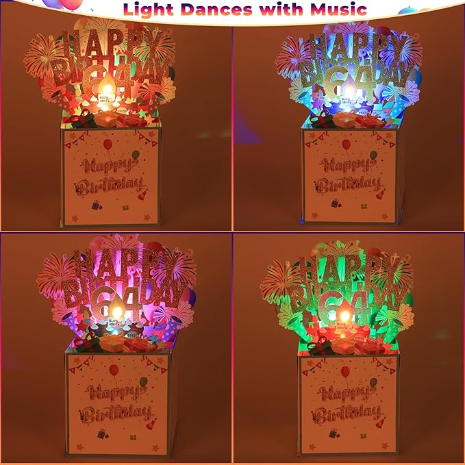 Tnvee 64TH Birthday Cards with Lights & Music & Candle, 3D Large Pop Up Happy Birthday Cards for Women Man Greeting Cards Decorations for 64 Years Old Mom Dad Grandparents