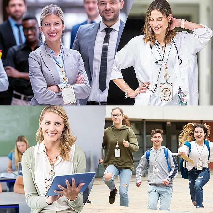 Teacher Lanyard with ID Holder, Leopard Print Rainbow Inspirational Quote Badge Holder with Beaded Adjustable Lanyard, Teacher Appreciation Gifts