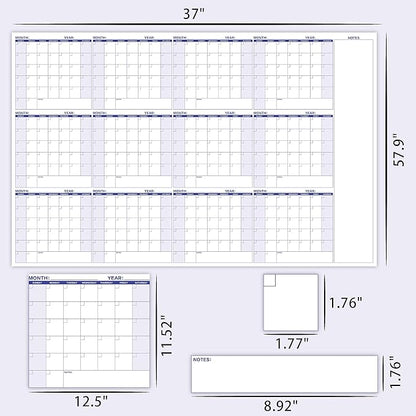 Large Dry Erase Calendar – Yearly Wall Calendar Dry Erase, 57.9" x 37", 12-Month Undated Calendar, Reusable Laminated with 15 Stickers - Purple