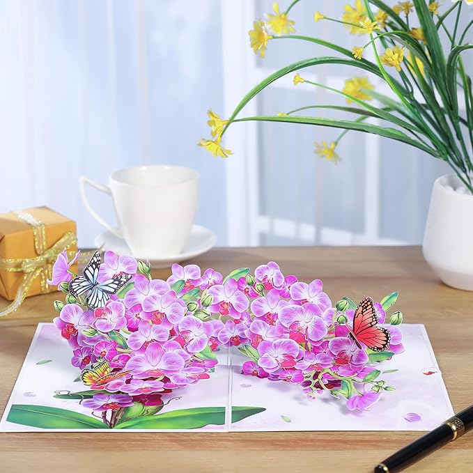 Pop Up Birthday Card for Women, Wife; Butterfly on Purple Orchid Mother's Day Card, 6"x 8" Gift Cards,Thinking of You, All Occasion for Her, Mom, Sister, Grandma, Daughter, Every Orchid Lover