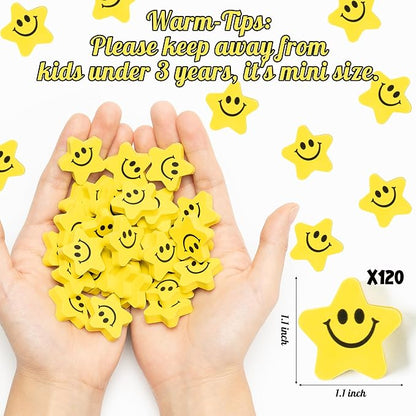 120pcs Star with Smile Face Mini Erasers Fun Smiley Face Yellow Cartoon Eraser Assortment Cute Smiling Desk Puzzle Erasers for Kids School Carnival Reward Student Prizes Birthday Gifr Filler