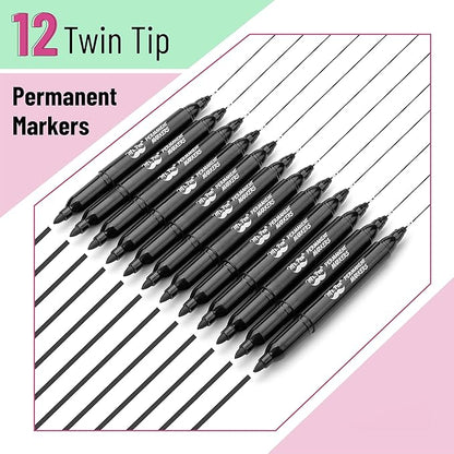 Mr. Pen - Dual Tip Permanent Markers, 12 Pack, Black, Fine & Ultra Fine Point