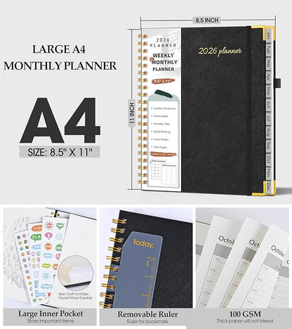 2026 Planner, Weekly and Monthly Calendar Planner from January 2026 - December 2026, 8.5" x 11" Hardcover Leather Hourly Appointment Book with Tabs, Spiral Daily Planners for College School Work Home, Black