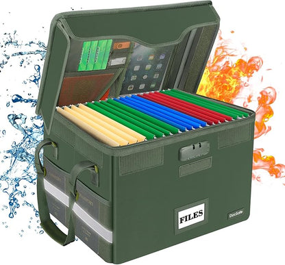 DocSafe File Box Fireproof Document Box with Lock,File Storage Organizer Box with Mesh Inserts＆Zipper Lid,Collapsible Portable File Box Home Office File Cabinet with Handle for Hanging Folders,Green