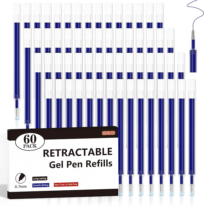 Retractable Gel Pen Refills, Shuttle Art 60 Pack Blue Rollerball Gel Ink Pens Refills, Bulk Set, 0.7mm Fine Point for Writing Journaling Taking Notes School Office Home