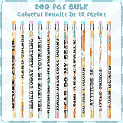 200 Pcs Retro Motivational Pencils Bulk, Inspirational School Pencils for Classroom, Cute Wood Pencils with Encourage Positive Saying, Back to School Supplies for Kids Student Teacher Classroom Reward