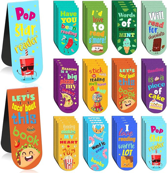 48 Pack Scented Bookmarks Magnetic Scratch and Sniff Bookmarks Fruit Food Bookmarks for Kids Cute Bookmarks with Sayings Christmas Bookmarks for Kids Students Teens Teachers (Food Flavor)