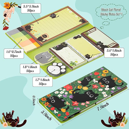B1ykin Sticky Notes Set - Cartoon Theme Cute Self-Stick Notes Pad Teacher Appreciation Gifts， Self-Adhesive Writing Memo Pages Sticky to Do Notepad for Kids Employee School Office (Black Cat Floral)