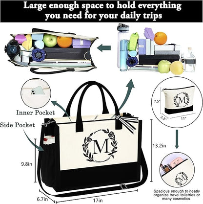 YOOLIFE Christmas Gifts for Women - Initial Canvas Tote Bag & Makeup Bag, Birthday Gifts for Women Her Mom Teacher Friend