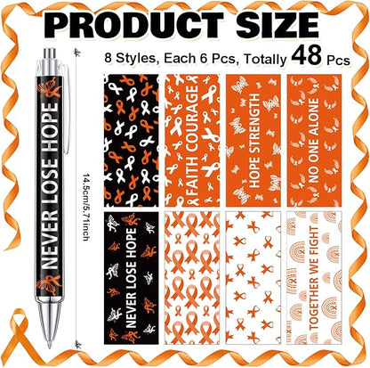 48 Pcs Orange Awareness Ribbon Pens Cancer Awareness Ballpoint Pens Bulk Faith Courage Hope Strength Health Awareness Favor Gifts for Leukemia Lymphoma Cerebral Cancer Awareness Support