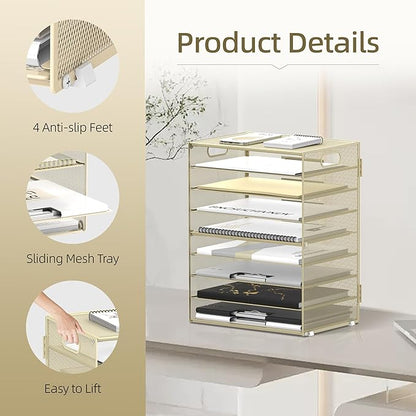 DALTACK 9-Tier Paper Letter Tray Desk Organizer with Handles, Mesh File Holder Organization, File Organizer for Desk Paper Sorter for Office Home School, Golden Yellow