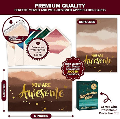 Decorably 50 Pack Gold Foiled 6x4in Employee Appreciation Cards with Envelopes and Stickers, 10 Designs Thank You Cards, Blank Inside