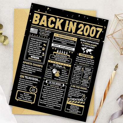18th Birthday Card, 18th Birthday Decorations for Girls Boys, 18th Birthday Gifts for Son Daughter, Back in 2007 Birthday Card, Black Gold