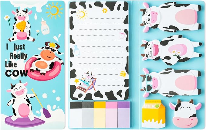 B1ykin Sticky Notes Set - Cartoon Theme Cute Self-Stick Notes Pad Teacher Appreciation Gifts， Self-Adhesive Writing Memo Pages Sticky to Do Notepad for Kids Employee School Office (Funny Cow)