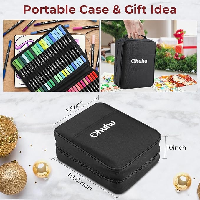 Ohuhu Markers: 160 Colors Brush Pens Dual Brush Fine Tip Drawing Pens Water-Based Coloring Markers for Calligraphy Bullet Journal with Carrying Case - Maui - Black