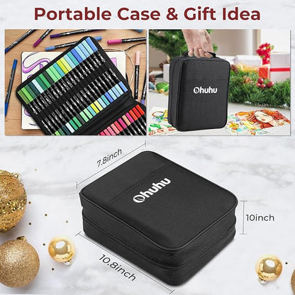 Ohuhu Markers: 160 Colors Brush Pens Dual Brush Fine Tip Drawing Pens Water-Based Coloring Markers for Calligraphy Bullet Journal with Carrying Case - Maui - Black