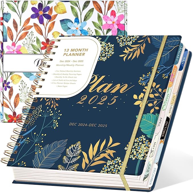 2025 Hardcover Planner Weekly and Monthly, Dec 2024–Dec 2025, Large Spiral Bound Planners 2025 for Women Gifts, 8.3" x 9.3",13 Month Calendar with 13 Tabs, 3 Sticker Sheets, Blue