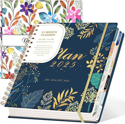 2025 Hardcover Planner Weekly and Monthly, Dec 2024–Dec 2025, Large Spiral Bound Planners 2025 for Women Gifts, 8.3" x 9.3",13 Month Calendar with 13 Tabs, 3 Sticker Sheets, Blue