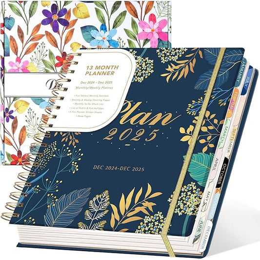 2025 Hardcover Planner Weekly and Monthly, Dec 2024–Dec 2025, Large Spiral Bound Planners 2025 for Women Gifts, 8.3" x 9.3",13 Month Calendar with 13 Tabs, 3 Sticker Sheets, Blue