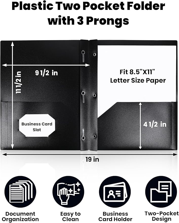 SUNEE 12-Pack Black Plastic Folders with Pockets and Prongs, Letter Size, 9 x 11.5 in