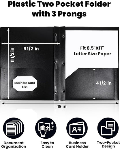SUNEE 12-Pack Black Plastic Folders with Pockets and Prongs, Letter Size, 9 x 11.5 in