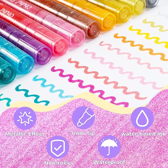 Ohuhu Glitter Markers Pen 18 Glitter Colors Metallic Shimmer Marker Round Point Tip Water-based Ink for Kids Adults DIY Crafts Greeting Birthday Cards Making Poster Album Scrapbooking Mugs Wood