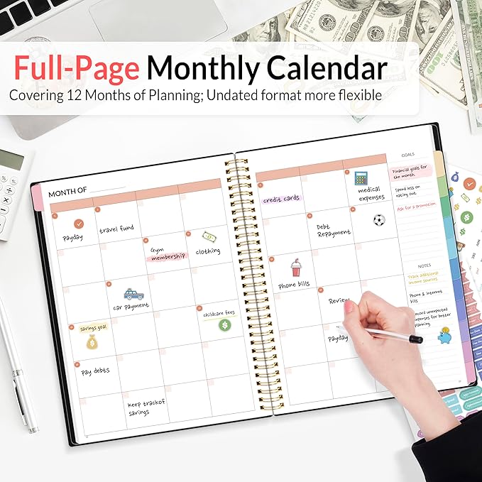 SUNEE Budget Planner - Monthly Budget Book with Expense Tracker Notebook, A4(8.5" x 11") Undated 12 Month Bill Organizer & Finance Planner to Manage Your Money, Account Book with Colorful Tab, Black